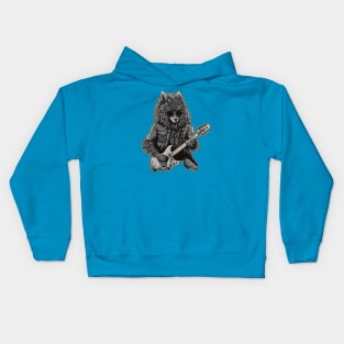 Funny wolf playing guitar Kids Hoodie